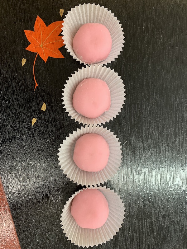 Pink Mochi - Sweet pink mochi filled with white bean paste.